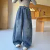Calça Jeans Wide Leg para Meninas 2026 Outono Novo Estilo Crianças Média e Grande Calça Reta com Duas Pregas Calça Solta Comprimento Total Uso Primavera e Outono