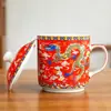 Taza Pequeña de Cerámica Estilo Tíbet con Tapa, Taza de Agua con los Ocho Símbolos Auspiciosos, Taza de Dragón, Taza de Té con Asa, Taza de Té con Mantequilla, Taza de Té de 220 ml