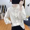 Nueva moda de otoño, camisa de mujer coreana de algodón puro con cuello de encaje bordado y manga larga, blusa elegante