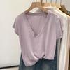 Camiseta de Lino y Algodón Versátil con Cuello en V, Estampado de Copos de Nieve, Holgada, Manga Corta para Mujer, Color Sólido, Casual Relajado, Top Básico de Verano 2026