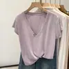 Camiseta Base de Lino y Algodón Rosa Girly con Escote en V y Copos de Nieve para Mujer, Nuevo Estilo Verano 2026, Camiseta Holgada de Manga Corta Estilo Perezoso