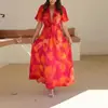Vestido novo de verão 2026 para mulheres, vestido francês casual elegante plissado estampado sexy com decote V profundo