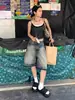 Shorts Jeans Estilo Americano com Manchas de Tinta Vintage, Corte Reto, Novo Estilo de Verão Feminino, Calça Larga de Cintura Média Plus Size, Tendência