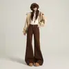 Jeans Gruesos, Forrados de Polar, Cálidos, Color Caqui, Corte Holgado, Ligeramente Acampanados, No Ajustados, para Mujer, Estilo Retro Americano, Tiro Medio-Bajo, que Alargan la Figura, Adelgazantes