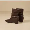 Botas Cortas de Vaquero Botines Botas Hermosas de Otoño Aumentan la Altura Hebilla Retro Rad 2026 Arrugas Apiladas Botas de Tacón Grueso Mujer