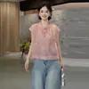 Nova Camisa Feminina Estilo Chinês com Gola Alta e Manga Curta, Lançamento Verão 2026, Blusa Elegante Soltinha Emagrecedora com Botões Diagonais, Versátil