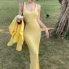 Jaqueta Camisa Amarela com Gola Polo de Manga Longa Conjunto de Duas Peças para Mulheres Verão Casual Vestido Suspensório Saia Longa Cauda de Peixe