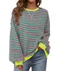Sitio Independiente de Amazon Transfronterizo Otoño Nuevo Estilo Europeo y Americano Rayas Bloques de Color Holgada Cuello Redondo Manga Larga Sudadera para Mujer Casual