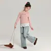 Pantalones para Niña Pudding Haru con Bordado de Lazo, Jeans Gruesos Forrados de Felpa para Niña, Pantalones Rectos Dulces y Modernos