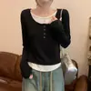 Camiseta de Manga Larga Rayón Falso Dos Piezas para Mujer Ropa Interior Adelgazante Aspecto Sexy Camiseta Corta Base Transfronteriza Wholesale Otoño e Invierno