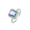 Anillo de Cristal de Turmalina Verde Púrpura Degradado Diamante Cuadrado Grande Súper Flash Transfronterizo Anillo de Zircón para Mujer Joyería de Lujo Ligero de Nicho