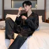 Pijama de Manga Larga para Hombre Primavera y Otoño Delgado Seda de Hielo Guapo Ropa Exterior Ropa de Casa conjunto Talla Grande Pijama Holgado para Hombre