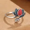 Anillo de Loto Esmalte Cloisonné Vintage Estilo Étnico para Mujer Sentido de Diseño de Nicho Plata Tailandesa Personalizada Joyería de Moda Creativa