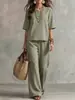 Conjunto casual retro para mujer, top holgado de manga corta con cuello redondo de color liso, pantalones rectos de pierna ancha de cintura alta, ropa de vacaciones talla grande