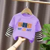 Camiseta de manga larga con estampado de dibujos animados, elegante y linda, estilo coreano, para bebés niños, ropa de otoño, algodón puro, retazos, imitación de dos piezas