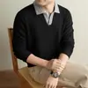Estilo Old Money Jersey con Cuello de Gaviota para Hombre Otoño/Invierno 2026 Nuevo Llegado Solapa Base Cepillada Camiseta Casual de Manga Larga para Hombre