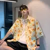 Camisa Floral de Seda Fina para Homens, Camisa Havaiana de Manga Curta Estilo Americano para o Verão, Jaqueta Casual Solta de Marca Tendência