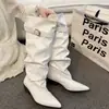 Tacón grueso 2026 nuevo estilo circunferencia de caña ancha retro plisado otoño e invierno punta fina botas largas botas altas botas de montar botas largas holgadas para mujer