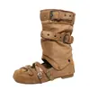 Botas frescas de media pantorrilla de dos usos, con elevación interior, desmontables para mujer, para uso en exteriores, estilo ballet, puntera redonda, correa con hebilla, botas holgadas, zapatos de una sola pieza huecos