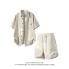 2026 Nuevo Estilo de Verano para Hombre, Conjunto de Camisa Delgada de Licra Imitación Lino de Corte Holgado, Conjunto Casual de Dos Piezas para Moda Juvenil