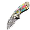 Procesamiento PersonalizadoCuchillo Plegable de Acero de Damasco Regalo Coleccionable Portátil Mango de Cobre Altamente Grabado Extremo del Mango Navaja para Llave