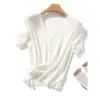 2026 Verano Nuevo Estilo Cuello en V Lino Manga Corta Mujer Seda de Hielo Delgado Abotonado Tejido Ajustado Top Camiseta Versátil