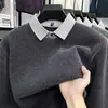 Suéter de veludo mink com gola de camisa masculino atacado, imitação de duas peças, forrado com fleece de inverno, espessado, camisa base de tricô quente