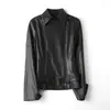 Chaqueta de Piel Genuina Hn6150, Estilo Motociclista Simple Europeo y Americano, Piel de Oveja Curtida Completamente al Vegetal, Chaqueta Ajustada de Doble Cremallera para Mujer
