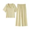 Novo Conjunto de Pijama de Viscose Cetim Estilo Artístico Gola Ondulada Bordado Lapela Grande Manga Curta Calças Roupas de Casa