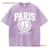 Camiseta Informal Transfronteriza para Mujer Lavado Ácido Camiseta con Estampado Ciudad Descubrimiento París Algodón Desgastado Manga Corta Moderna Negra para Mujer