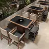 Mesas y Sillas para Restaurante Chino Estilo Montaña Guichuan Meiguoyun, Mesa para Fondue de Madera Maciza y Mármol con Inducción Integrada para Uso Comercial