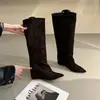 Botas Longas Estilo Coreano First Encounter Season em Camurça Bico Fino Salto Escondido Outono/Inverno 2026 Novas Versáteis Ajustadas ao Corpo Acima do Joelho Botas de Moda