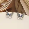 Brincos de borboleta de cristal verde com laço de mola, pino de prata 925, brincos degradê de gelo quebrado, brincos pop de nicho