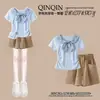 2026 Top de Manga Corta con Retazos de Cuadros Dulces de Dopamina Moda Individual Casual Shorts Conjunto de Dos Piezas de Verano para Niñas