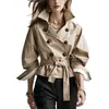 2026 Gabardina corta cruzada color caqui transfronteriza con cinturón en la cintura y mangas de farol, abrigo de mujer para el trabajo en primavera y otoño