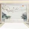Fondo de Pantalla para TV con Estilo Chino de Grandes Motivos Florales y de Pájaros, Arte de Paisaje en Pintura a Tinta, y un Mural Poético de Paisaje para Cubrir Paredes de Sala de Estar, Dormitorio y Casa de Huéspedes