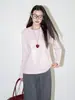 Camiseta feminina rosa claro de manga longa, base lisa de algodão puro, adequada para usar por cima ou por baixo, top de outono, top de algodão puro solto e versátil