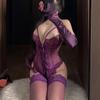Estilo noturno sexy roxo renda macacão cinta uniforme puro desejo oco perspectiva pijamas internos qqny camisola