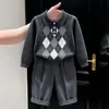 Estilo Coreano Niños 2026 Otoño/Invierno Nuevo Gris Argyle Cuello Polo Suéter de Punto Manga Larga Traje para Niños Pantalones Casuales