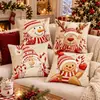 Capa de Almofada Cartoon de Natal Vermelha e Branca Padrão Boneco de Neve Rena Velho Homem Pão de Gengibre Quadrada Decoração de Quarto Lavável
