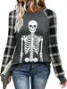 Camiseta de Manga Larga con Cuello Redondo para Mujer, Estilo Europeo y Americano, Transfronteriza, Halloween, Manga Raglán, Bloques de Color Estampados, Top Casual Holgado