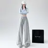 Calça Casual de Pierna Larga com Cordão e Acabamento em Renda para Mulheres, Calça de Design de Nicho para Primavera, Calça Mochi de Tricô Cinza Preguiçosa