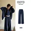 Jaqueta moletom azul marinho, conjunto esportivo feminino de outono, calça de fitness para yoga, conjunto completo de outono estilo coreano, conjunto completo
