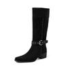 Estilo de Diseñador Hebilla de Cinturón de Gamuza Bloque de Color Uso de Dos Maneras Botas Caídas Otoño/Invierno 2025 Botas Altas de Tacón Medio Grueso Punta Cuadrada para Mujer