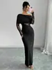 Novo vestido preto de alta qualidade transfronteiriço ombro a ombro de manga longa para mulheres, retalhos de renda, acinturado, modelador, bodycon longo