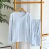 Pijama con Almohadillas para el Pecho para Mujer, Algodón Puro, Primavera y Otoño, Delgado, Holgado, de Manga Larga, Pantalón Largo, Sencillo, Se Puede Usar Afuera, Ropa para el Hogar, Conjunto de Dos Piezas