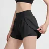 Shorts esportivos femininos para corrida ao ar livre, shorts de academia anti-exposição, falso duas peças, shorts de yoga largos de cintura alta, comprimento três quartos