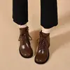 Botines de tacón grueso de piel suave para mujer, nueva colección otoño/invierno 2026, punta redonda, con cordones, estilo británico, zapatos pequeños de piel, tacón alto, botas de algodón con forro polar