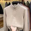 Suéter Zíper Meia-Gola 100% Lã de Ovelha para Homens, Suéter de Lã Grosso para Pais de Meia-Idade, Camisa Base Tricotada