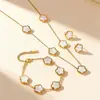 Set de collar de trébol de cinco hojas, collar de acero inoxidable de titanio, pulsera, pendientes, juego de joyería chapado en oro de 18 quilates